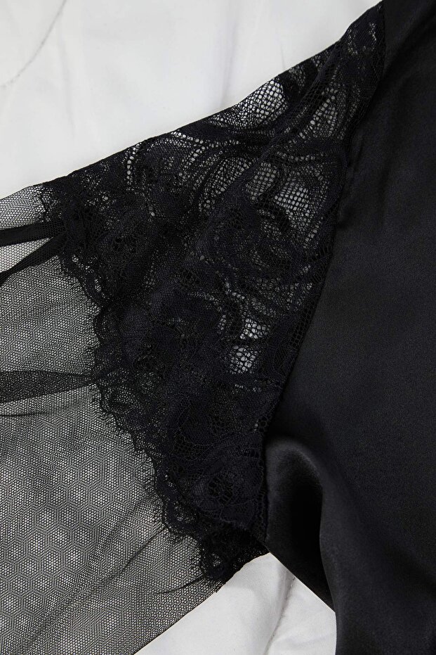 Siyah 3'lü Çeyiz Set Saten Dokuma Pijama Takımı THMAW26PT00199 - 9
