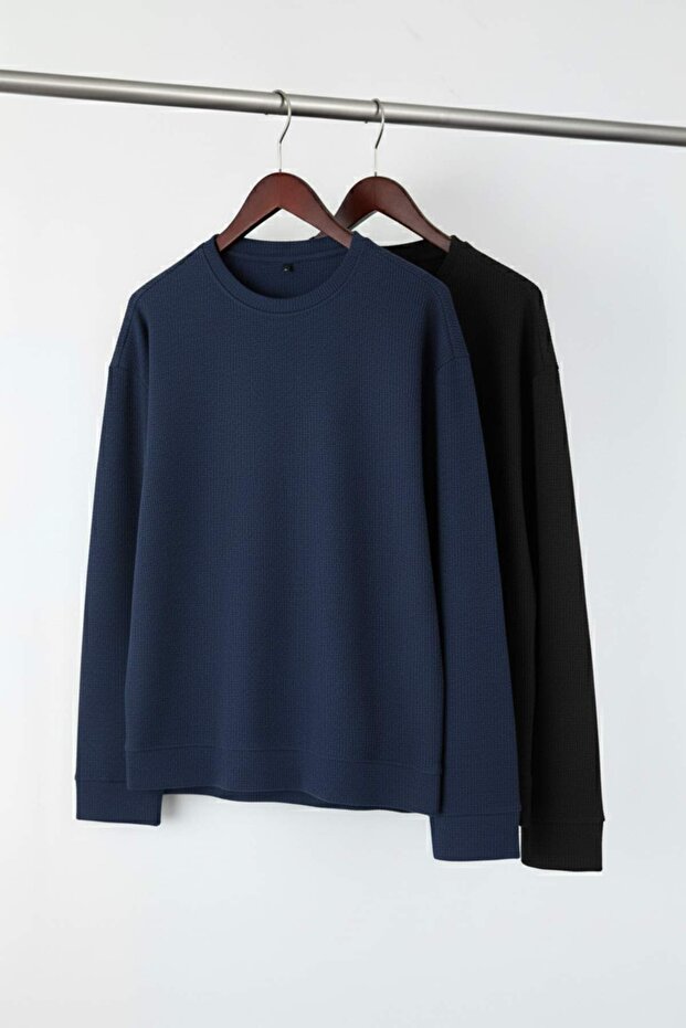 Siyah- Lacivert 2'li Paket %100 Pamuk Uzun Kol Regular/Normal Kesim T-Shirt TMNAW24TS00001 - 1