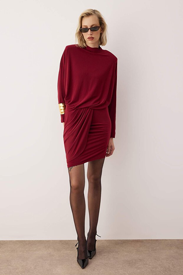 Bordo Vatkalı Örme Mini Astarsız Elbisesi TPRAW26EL00126 - 3