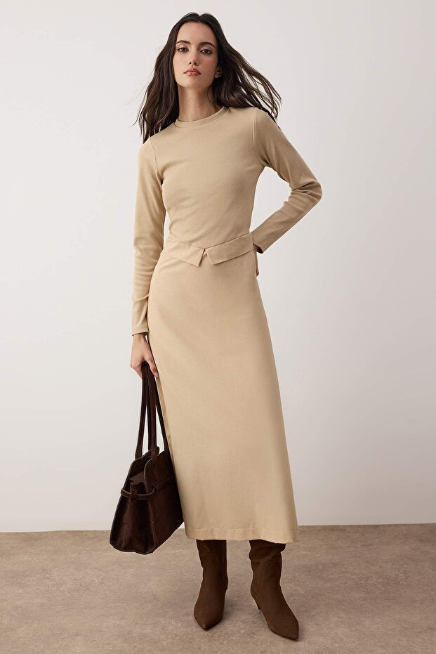 Camel Unlined Plain Knitted Woven Fabric Ribbed/Camisole Hijab Dress Tctaw26Eb00047