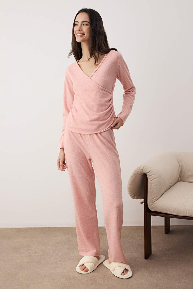 Gül Kurusu Kruvaze Büzgülü Yumuşak Tuşe Örme Pijama Takımı THMAW26PT00183