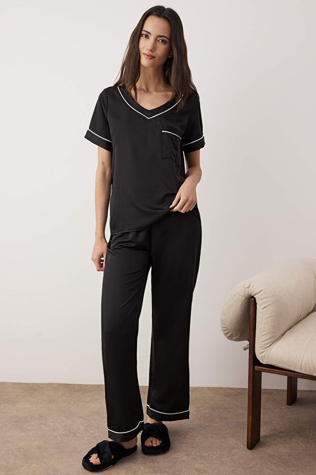 Siyah Biyeli Mat Saten Dokuma Pijama Takımı THMAW26PT00031 - 2