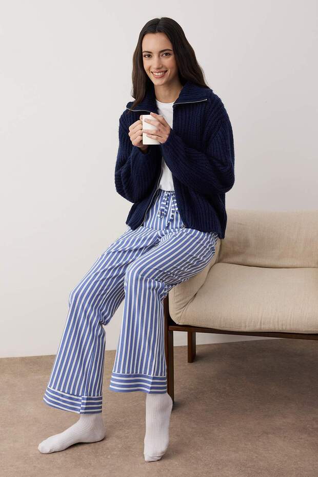 Beyaz Mavi %100 Pamuklu Çizgili Örme Pijama Altı THMAW24PJ00001 - 1