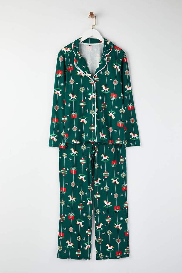 Yeşil %100 Pamuklu Yılbaşı Temalı Örme Pijama Takımı THMAW25PT00172 - 6