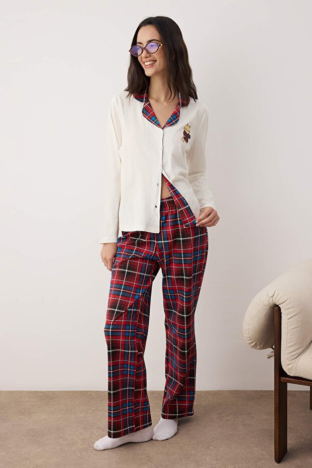 Ekru %100 Pamuklu Ekoseli Kedi Baskılı Örme Pijama Takımı THMAW26PT00153 - 2