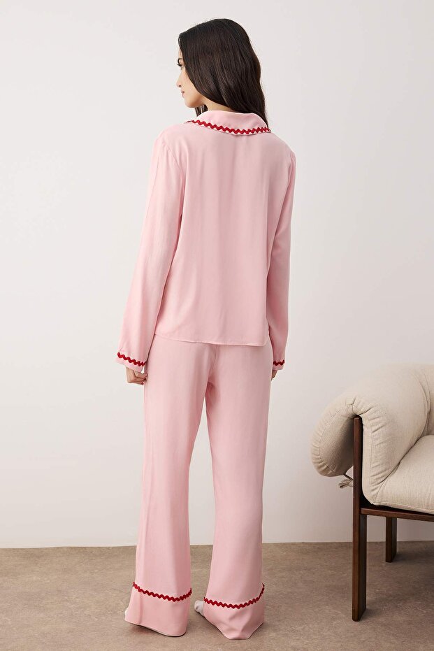Pembe Şerit Detaylı Viskon Dokuma Pijama Takımı THMAW26PT00144 - 5