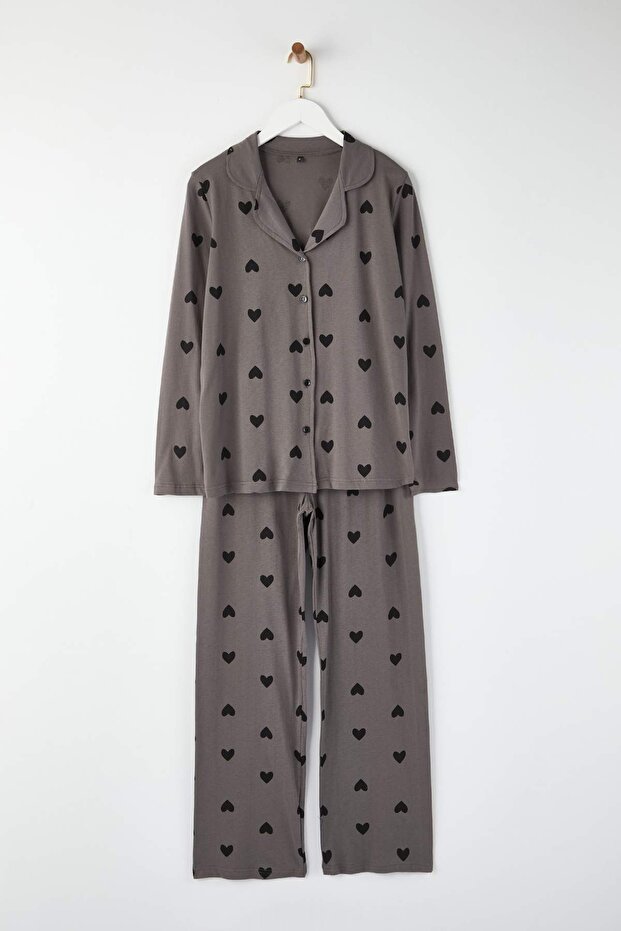 Gri %100 Pamuklu Kalp Desenli Örme Pijama Takımı THMAW21PT0548 - 6
