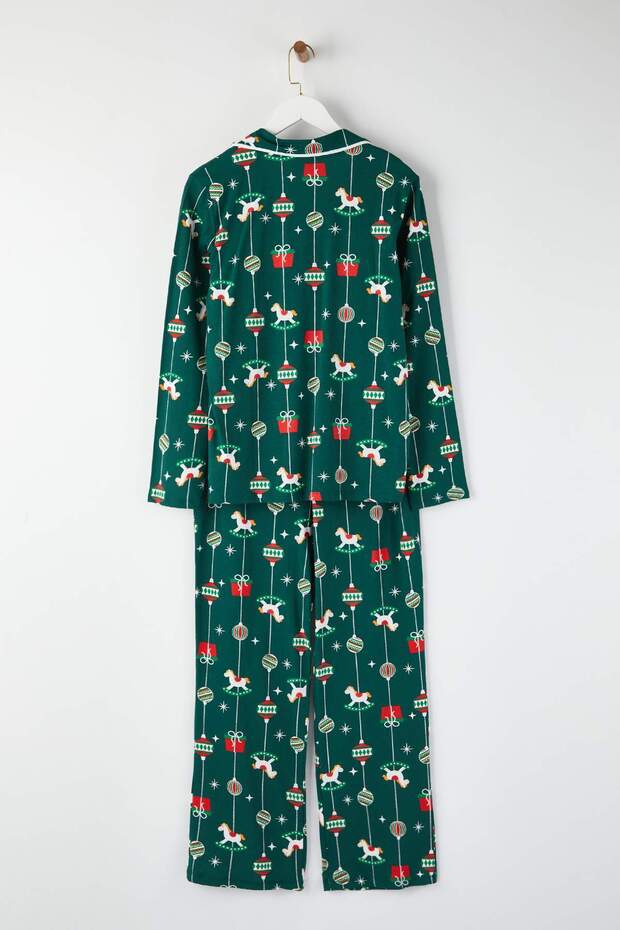 Yeşil %100 Pamuklu Yılbaşı Temalı Örme Pijama Takımı THMAW25PT00172 - 7
