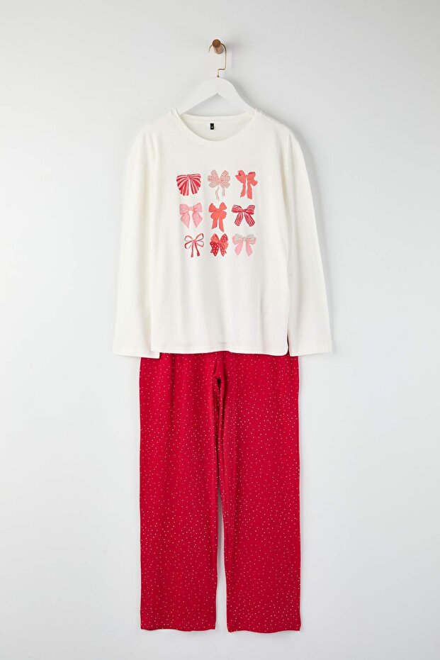 Beyaz %100 Pamuklu Kurdele/Fiyonklu ve Puantiyeli Örme Pijama Takımı THMAW26PT00053 - 5