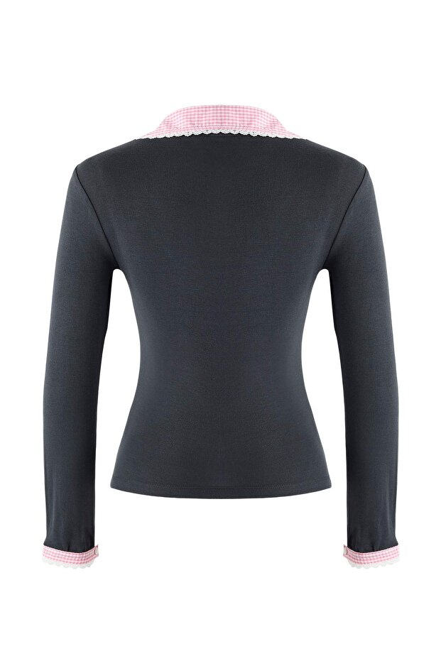 Antrasit Ekose/Kareli Fitted/Vücuda Oturan Dokuma Detaylı Örme Bluz TWOAW26BZ00008 - 6