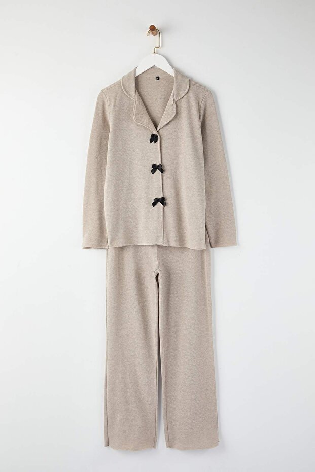 Bej Kurdele/Fiyonklu Waffle Kumaş Örme Pijama Takımı THMAW25PT00195 - 6