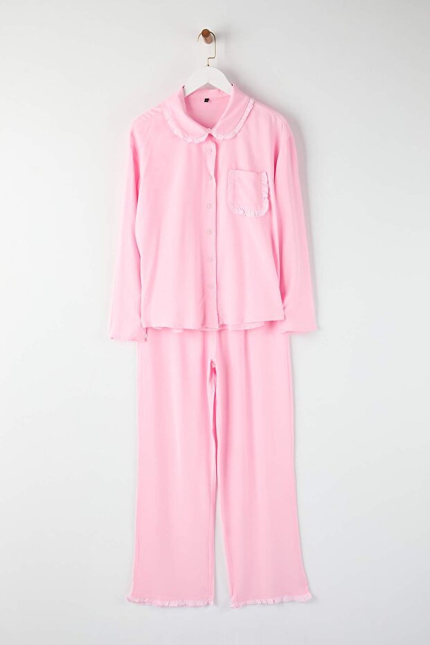 Pembe Fırfırlı Cep Detaylı Viskon Dokuma Pijama Takımı THMAW25PT00146 - 5