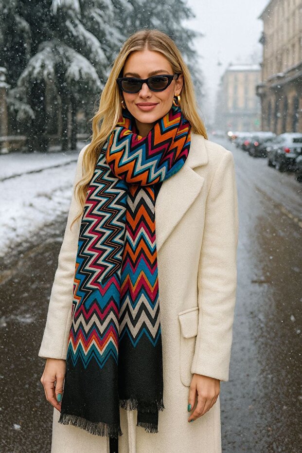 Zigzag Patterned Black Blue Shawl