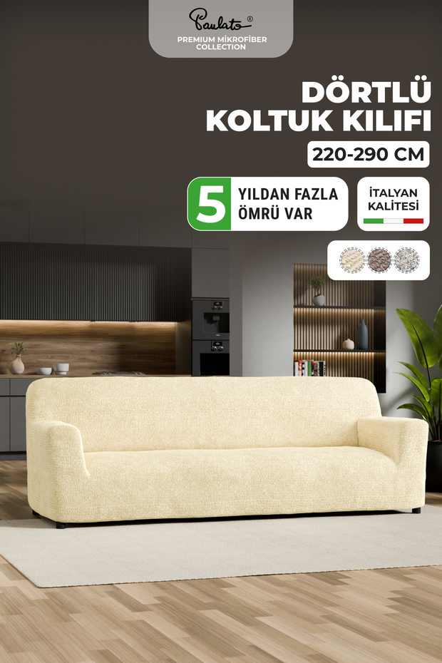 Piliseli Lastikli Esnek ve Yıkanabilir 4 Kişilik Koltuk Örtüsü - Vanilya - 1