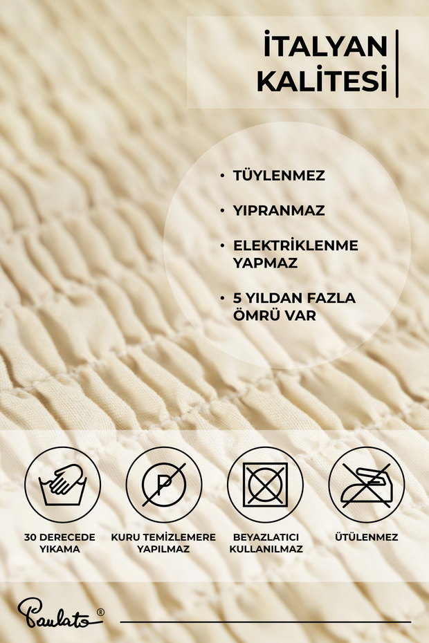 Piliseli Lastikli Esnek ve Yıkanabilir 4 Kişilik Koltuk Örtüsü - Vanilya - 3
