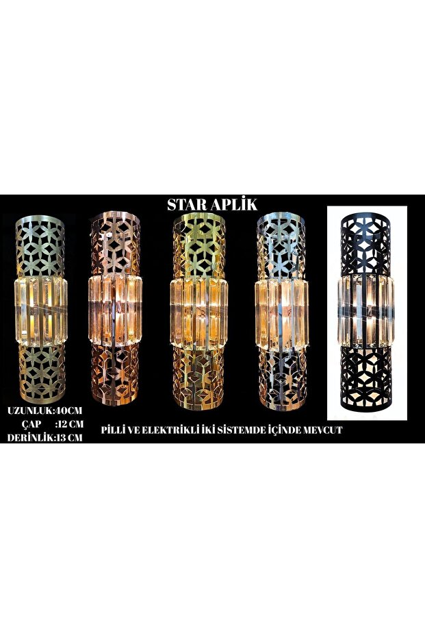 Star Aplik Gold, Pilli Aplik, Anahtarlı, Pilli Elektrikli Ledli Duvar Aplik, KRİSTAL TAŞLIDIR - 8