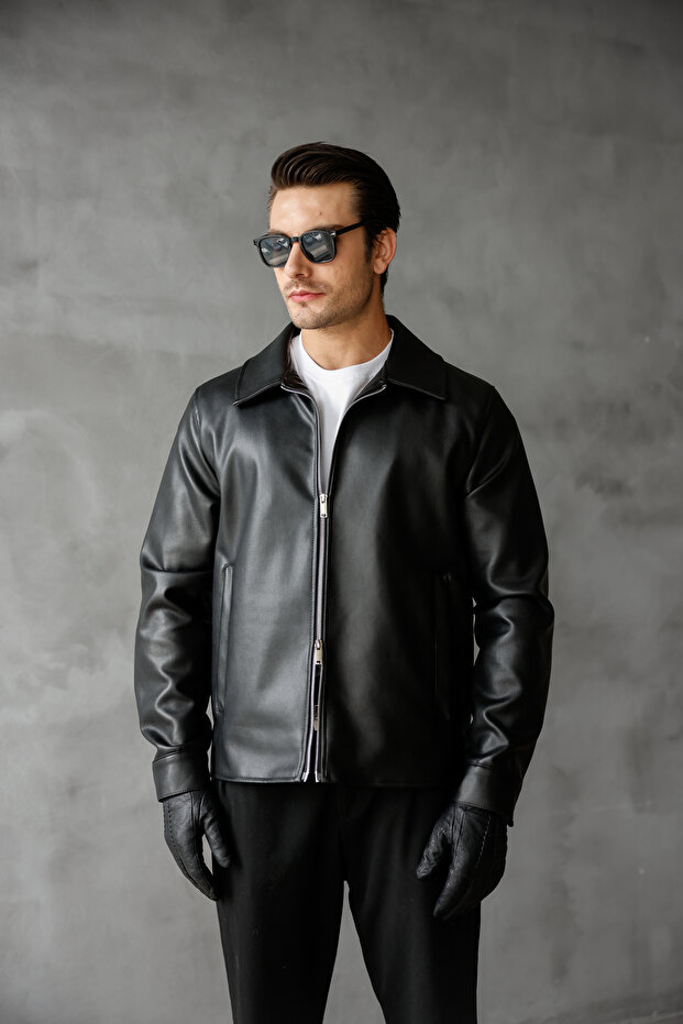 سترة جلدية للرجال بقصة عادية مع ياقة وبطانة من الفرو - 3