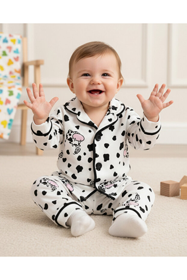 Seasonal Cow Printed Double Breasted Collar 6-9-12-18-24 Months Nightgown Pajama Set