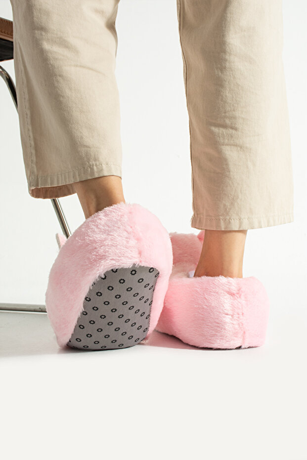 Pembe Hayvanlı Sessiz Taban Panduf Sevimli Kedi Figürlü Peluş Ev Ayakkabısı - 8