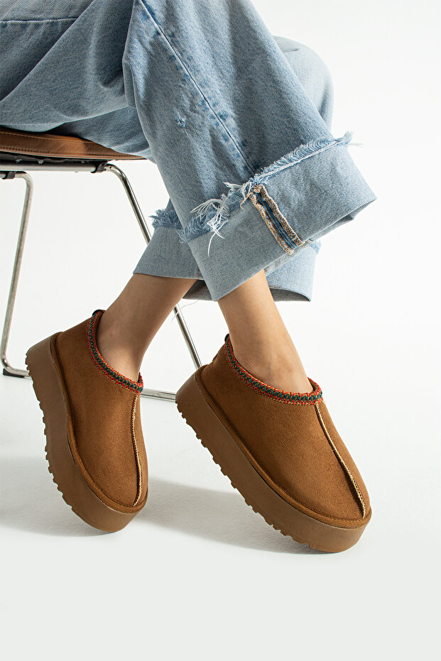 Taba Süet İçi Yünlü Kalın Taban Yarım Bot Ayakkabı - 5