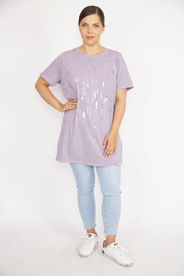 Women's Plus Size Lilac Sequin and Stone Embroidered Crew Neck Blouse 65n36705