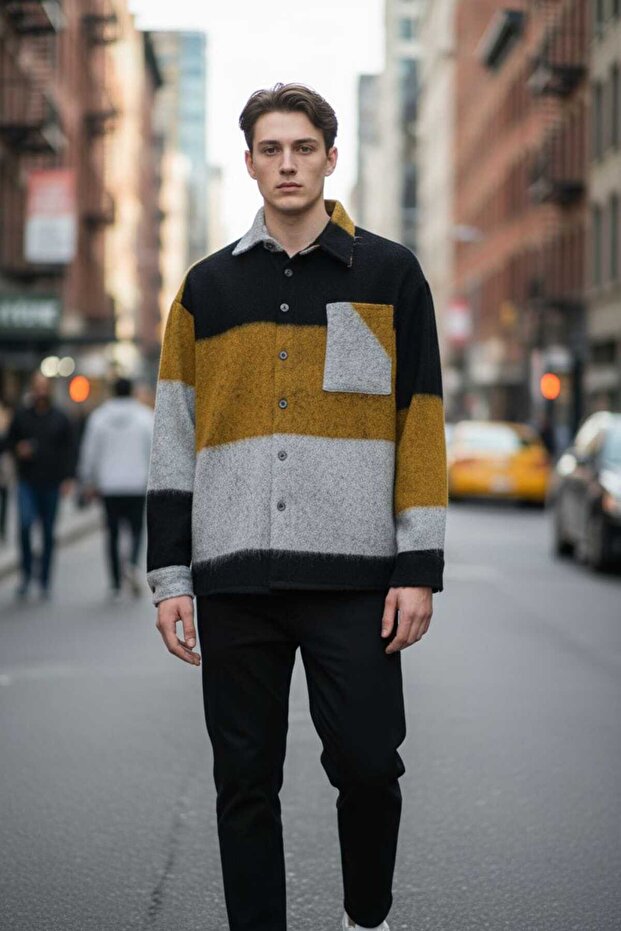 Gri siyah ve sarı renk desenli tam kışlık oduncu gömlek - 2