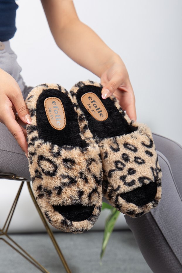 Women's Open-Front Leopard Plush Soft Silent Sole Dowry Bundle Winter House Slippers