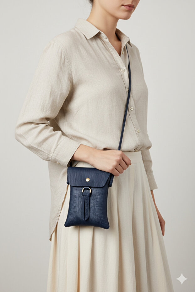 Navy Blue Snap Closure Crossbody Phone Shoulder Bag with Gold Accessories