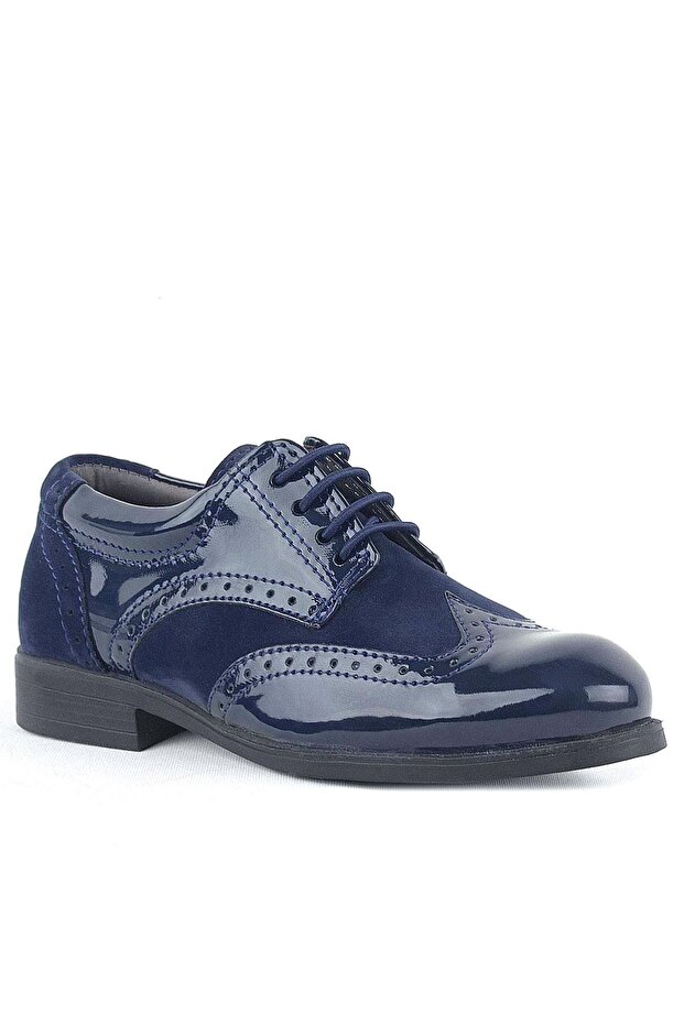 Titan Patent Leather Laced Navy Blue Suede Classic Boys' School Shoes