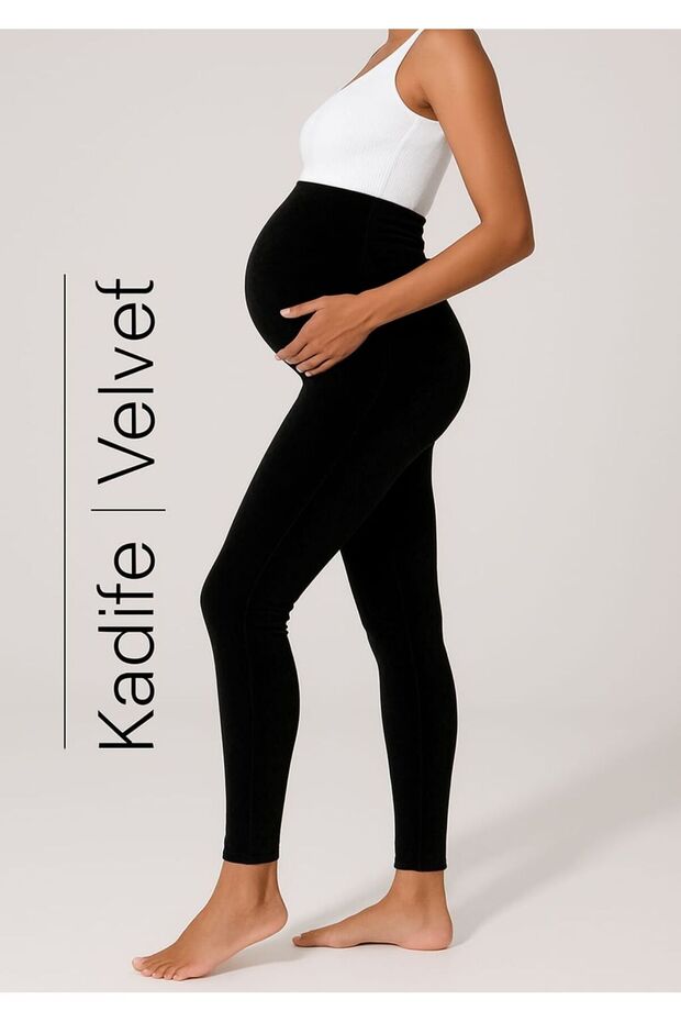 Women's Black Velvet Maternity Leggings High Waist Adjustable Waist & Casual Elegance