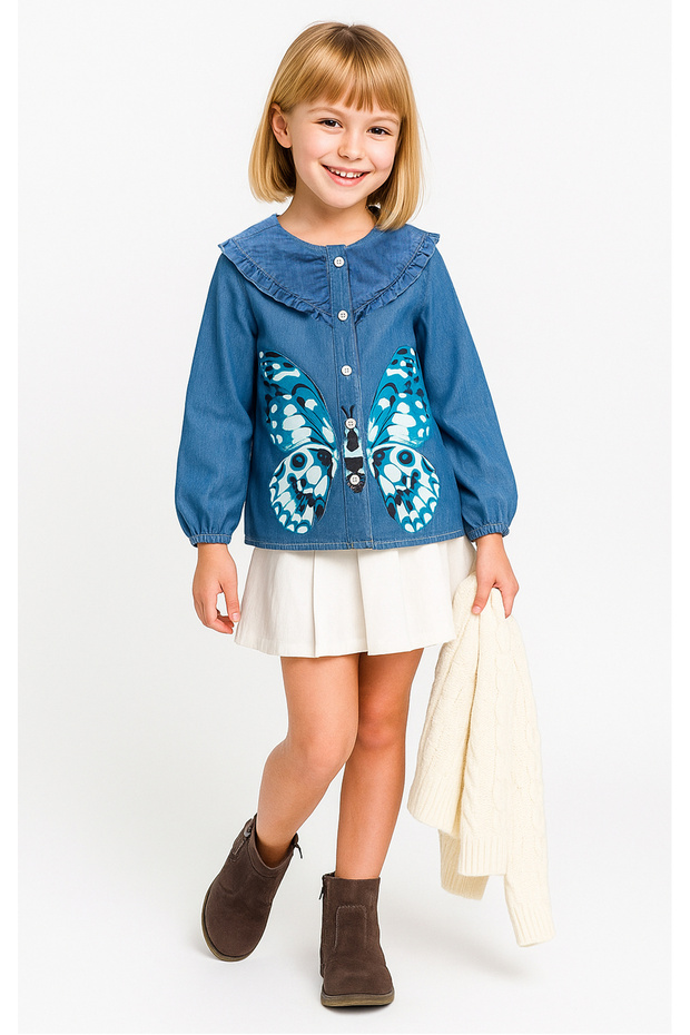 Butterfly Printed Girl's Jeans Printed Shirt with Ruffled Collar