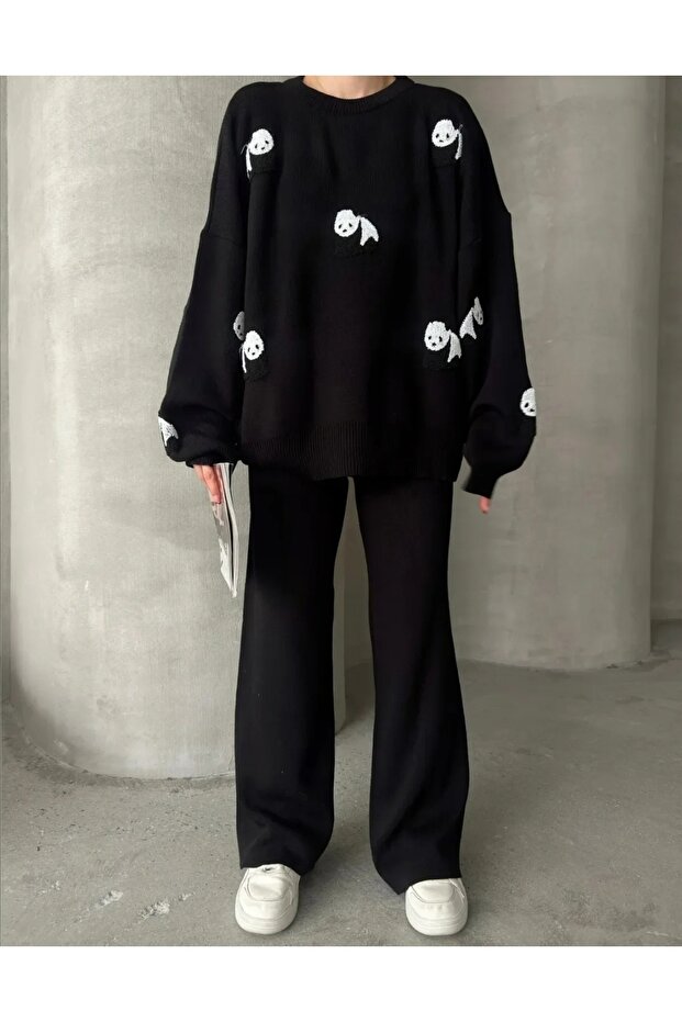 Cute Panda Patterned Knitwear Set - 4