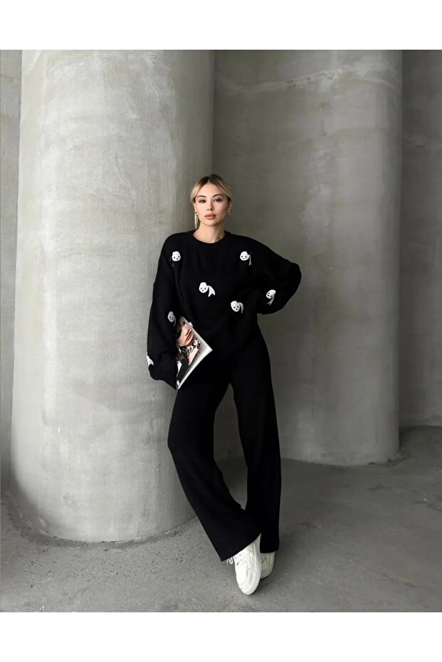 Cute Panda Patterned Knitwear Set - 1