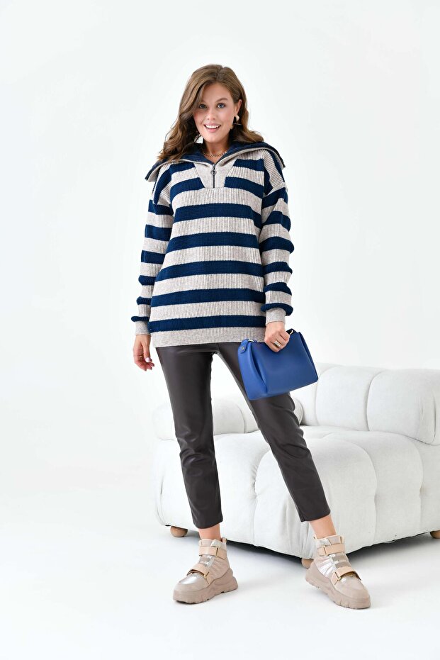 Women's Half-Zip Striped Sweater Stone 20726