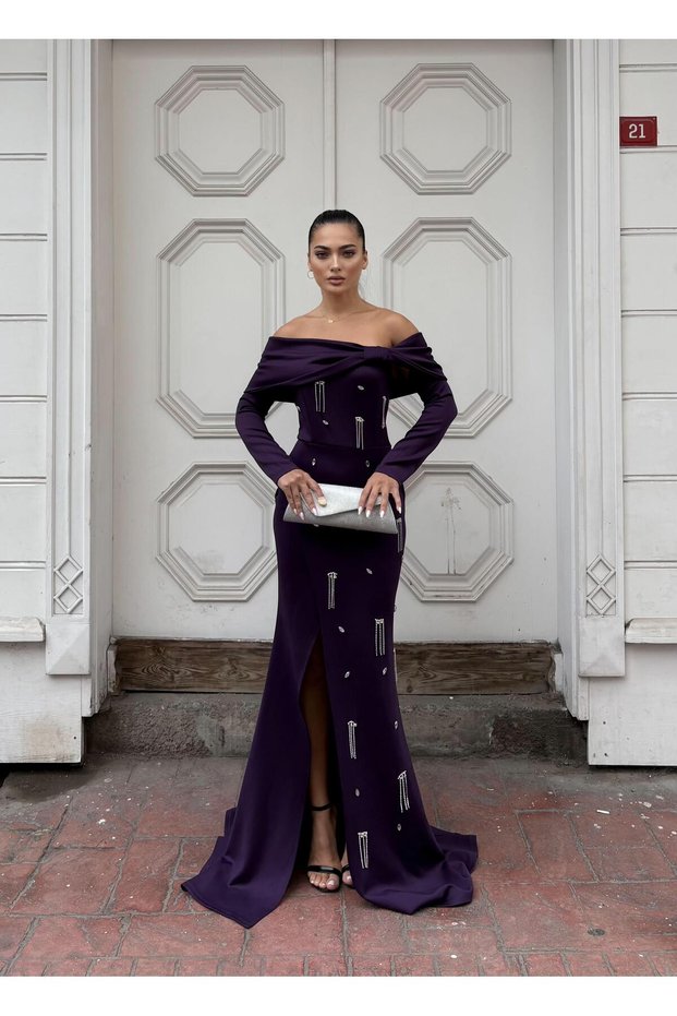 Flexible Scuba Fabric Bow Front Detail Slit Long Evening Dress 583289 Purple