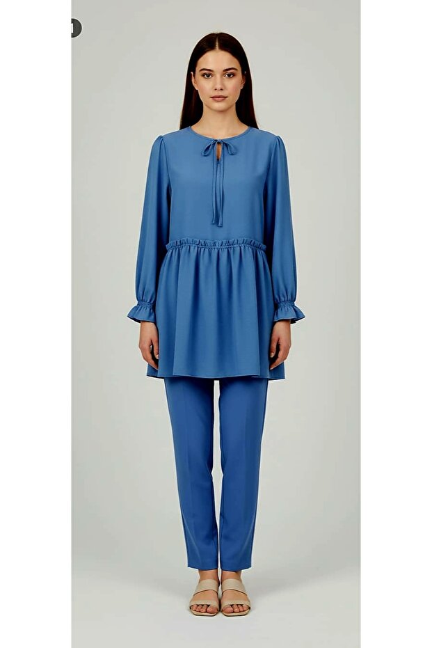 Women's Blue Double Suit with Ruffled Sleeves and Pants