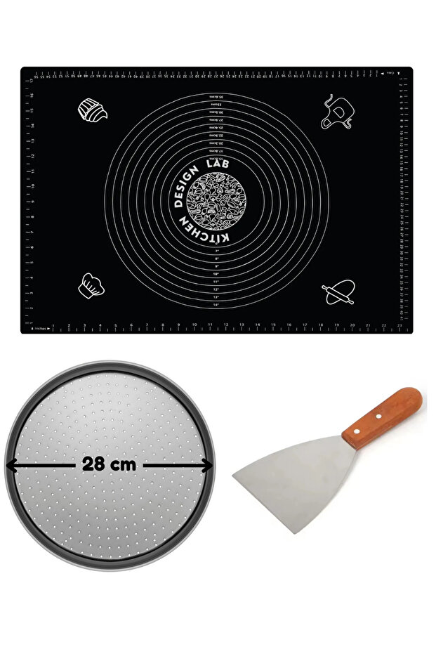 Black Dough Rolling Mat 45 X 65 Cm, 28 cm Pizza Tray and Wooden Long Handle Dough and Pizza Cutter