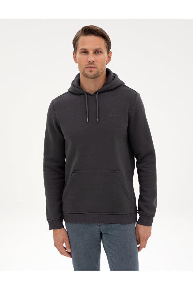 Anthracite 2 Thread Regular Fit K Hooded Basic Sweatshirt 50314055-Vr006
