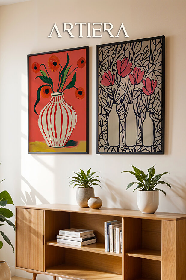 Canlı Çiçekler ve Vazo Stili Yağlı Boya Hissi İkili Ahşap Çerçeveli Duvar Tablosu - 1