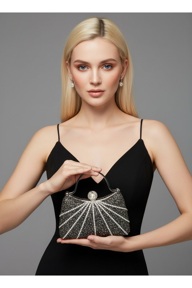 Platinum Color Stone Silver Detailed Chain Strap Women's Evening Dress Henna Prom Bag