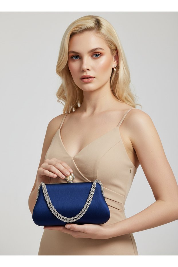Navy Blue Color Glittery Satin Silver and Pearl Detailed Chain Strap Women's Evening Dress Bag Wedding Engagement Prom