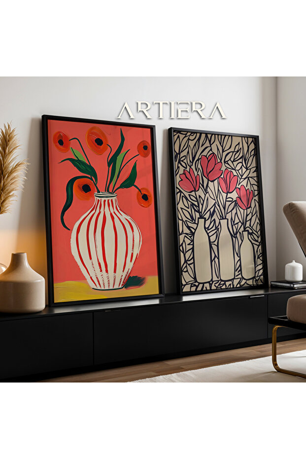 Canlı Çiçekler ve Vazo Stili Yağlı Boya Hissi İkili Ahşap Çerçeveli Duvar Tablosu - 2