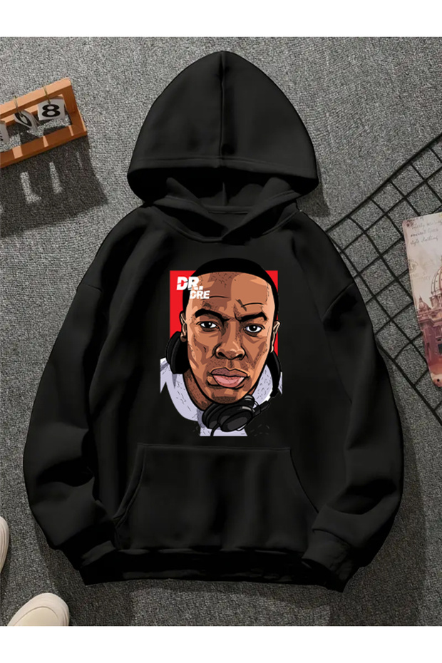 سترة dr.dre v3 ذات القلنسوة المطبوعة باللون الأسود