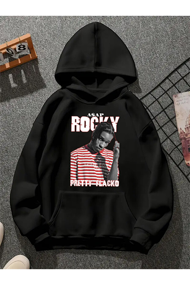 سويت شيرت أسود بقلنسوة مطبوعة من ASAP Rocky v5
