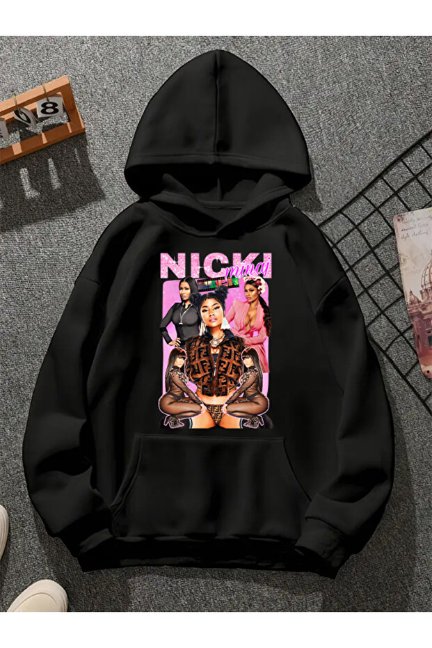 Nıckı Mınaj V2 Printed Hooded Black Sweatshirt