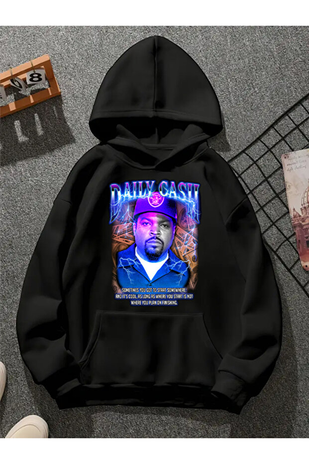 Daıly Cash V1 Printed Hooded Black Sweatshirt