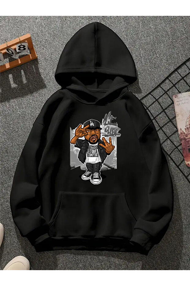سويت شيرت أسود بقلنسوة مطبوعة من ice cube v5