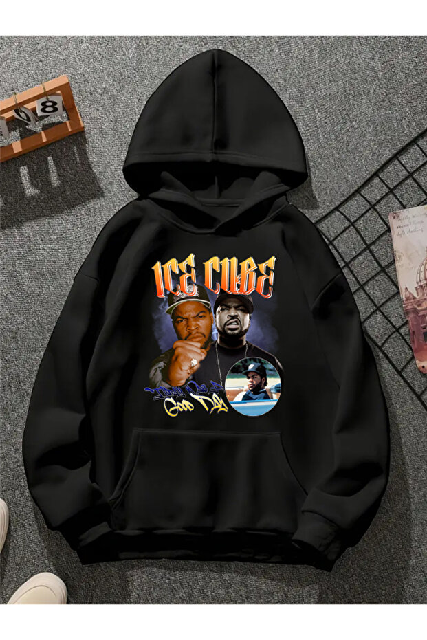 سويت شيرت أسود بقلنسوة مطبوعة من ice cube v13