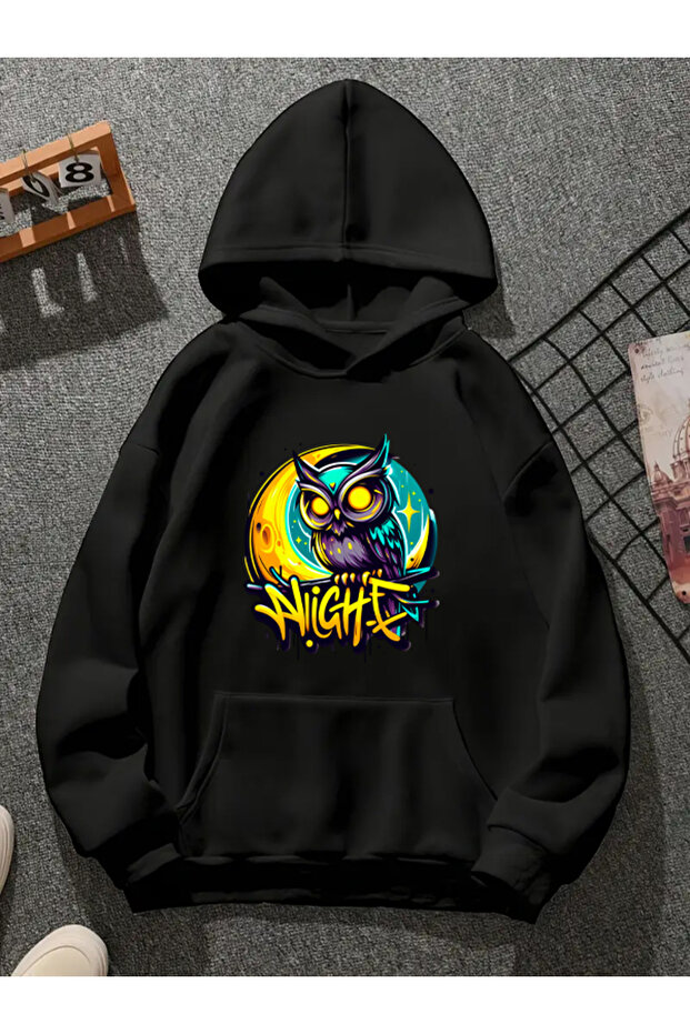 Nıght02 Printed Hooded Black Sweatshirt