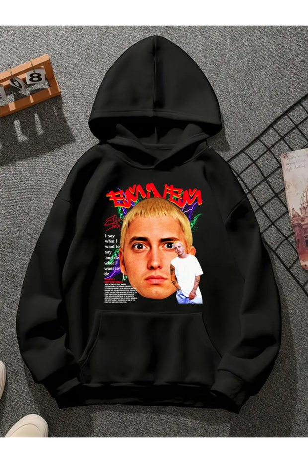 سويت شيرت أسود بقلنسوة مطبوعة من eminem v8